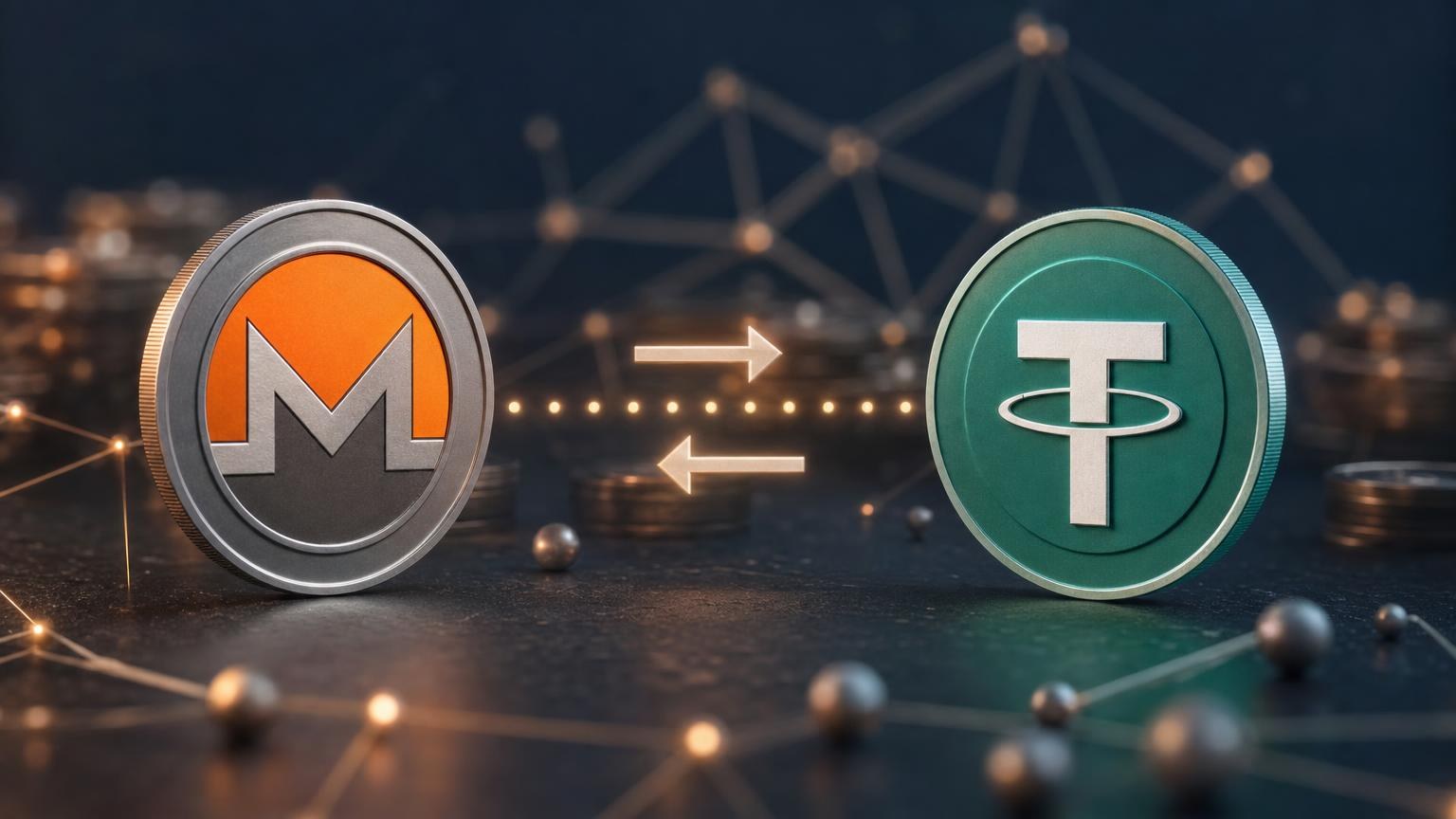 A secure XMR-to-USDT exchange route showing Monero deposits, USDT network selection, confirmations and transaction checks